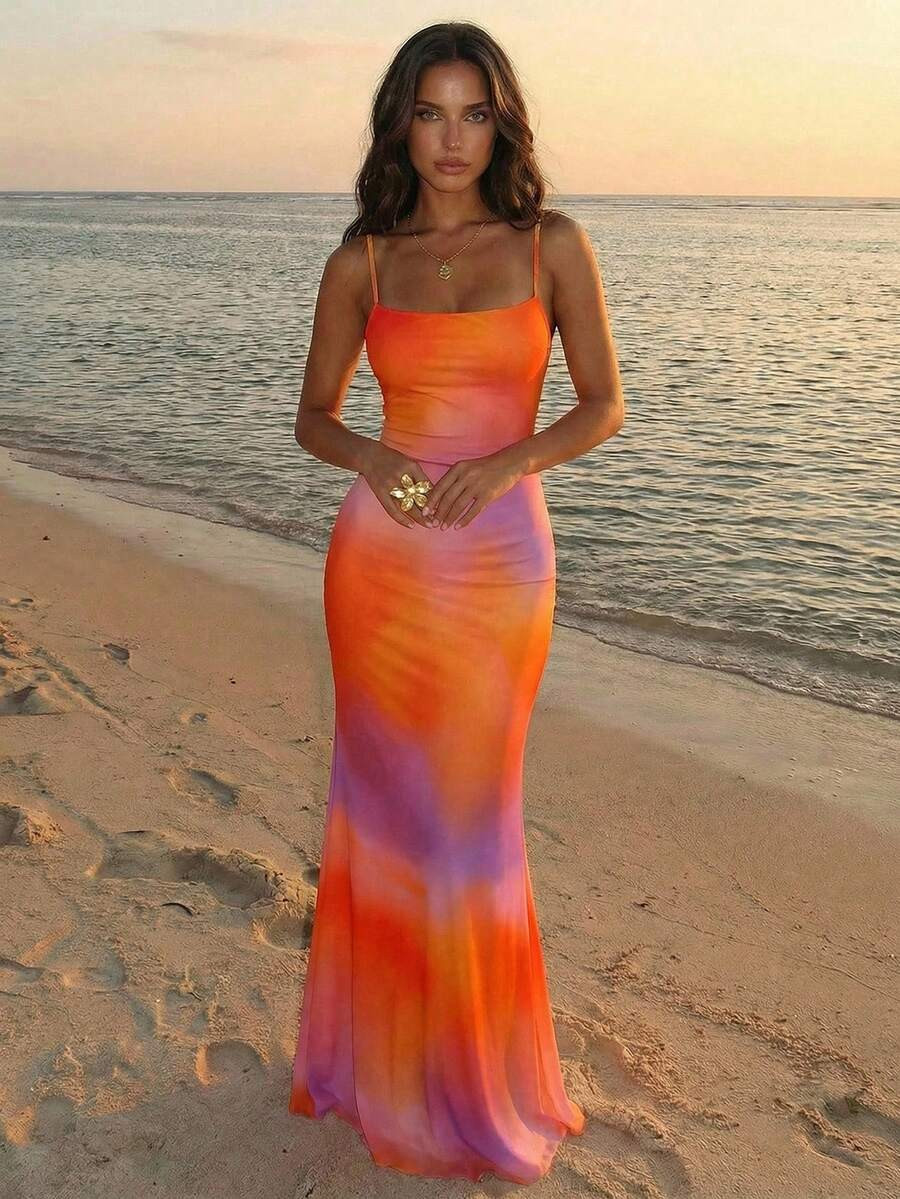 Aloruh Women's Fashion Elegant Sexy Tropical Orange Red Backless Neck Dress, Summer Beach Vacatio... | SHEIN