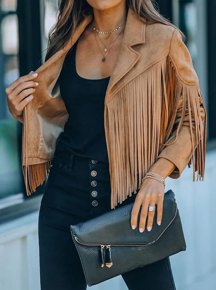 Faux Suede Leather Jackets For Women Trendy Fall Western Fringe Cropped Jacket 2025 Tassel Motorc... | Amazon (US)