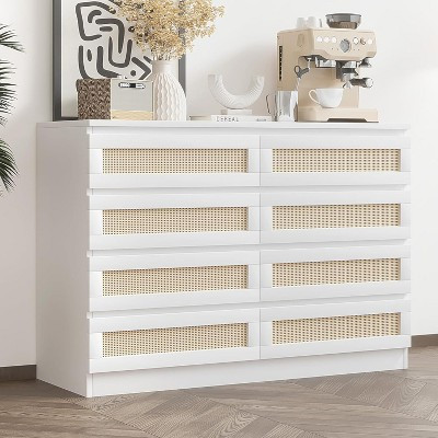 TackView 47" Rattan 8-Drawer Dresser - Modern Farmhouse Wooden Chest with Natural Weave for Bedroom, Living Room,white | Target