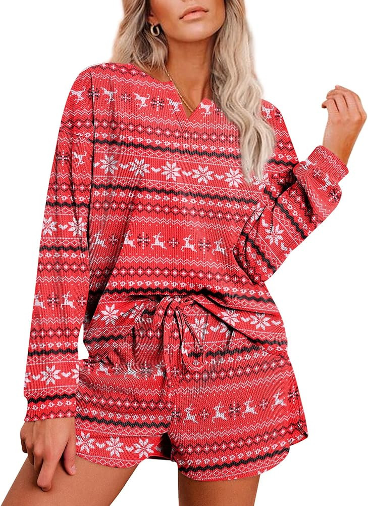 Ekouaer Womens Waffle Knit Pajamas Lounge Set Long Sleeve Top and Shorts 2 Piece Loungewear with ... | Amazon (US)