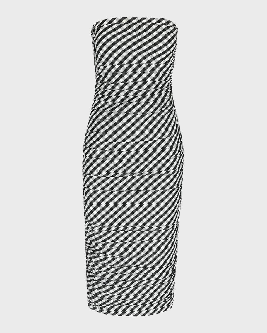 BERNADETTE Tia Gingham Ruched Strapless Midi Dress | Neiman Marcus