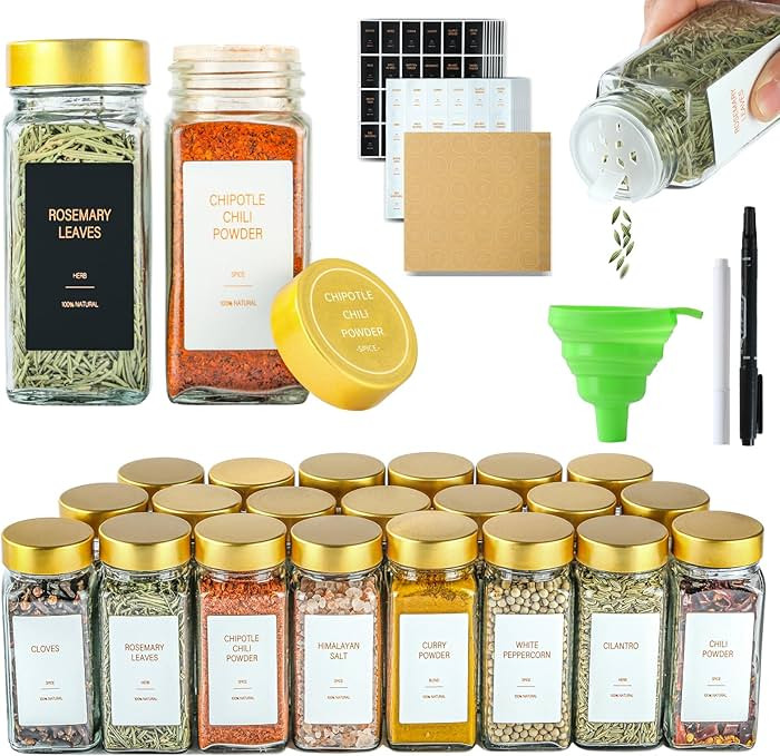 Gold Spice Jars with Label，4oz Seasoning Containers, Glass Spice Bottles with Shaker Lids,Funne... | Amazon (US)