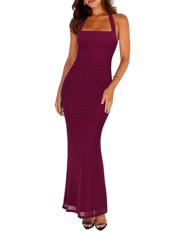 REORIA Mesh Sheer Sleeveless Wedding Guest Maxi Dresses for Women Ruched Bodycon Square Neck Halt... | Amazon (US)