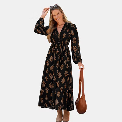 Women's Elegant Floral Maxi Dress with Billowy Sleeves - Cupshe-S-Black | Target
