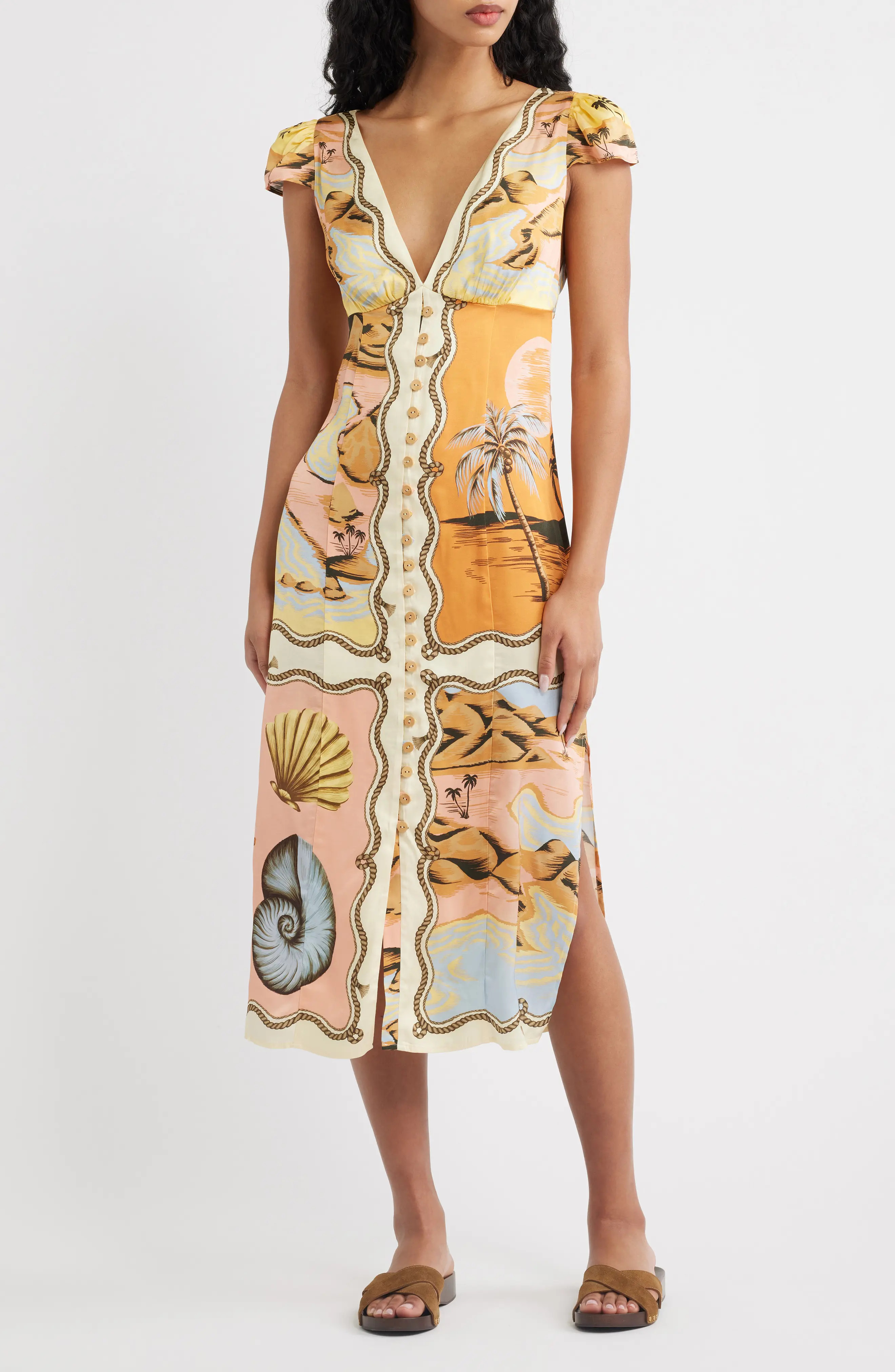 FARM Rio Rio Mixed Scarf Print Voile Dress in Beige at Nordstrom, Size Medium | Nordstrom