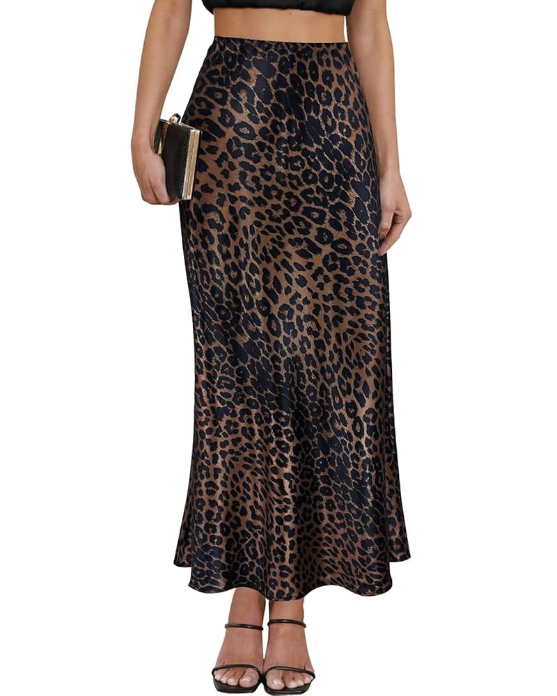 Women's Leopard Print Satin Maxi Skirt High Waisted Elastic Waistband Silk A-Line Casual Party 20... | Amazon (US)
