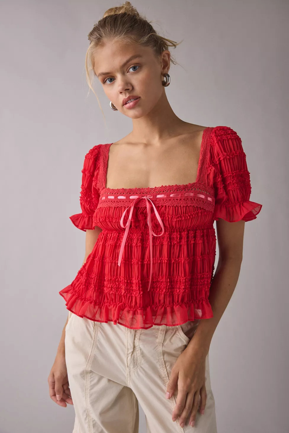 Kimchi Blue Serenade Ruffle Puff Sleeve Babydoll Blouse | Urban Outfitters (US and RoW)