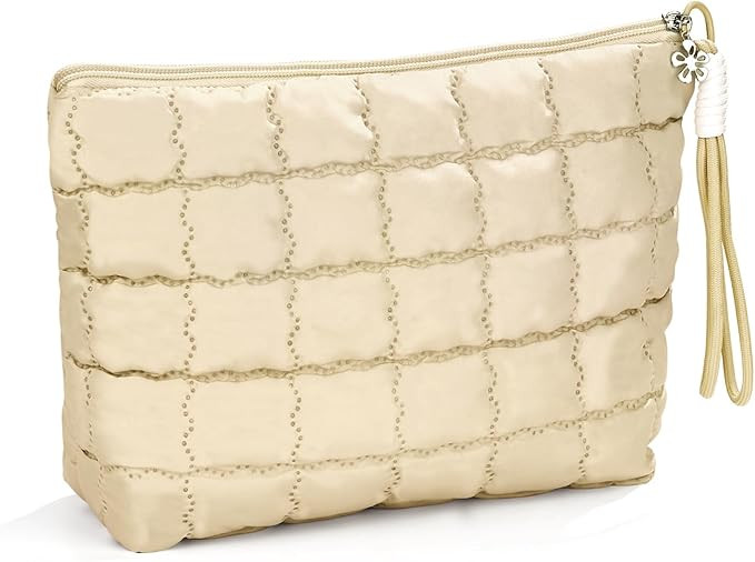 Richeart Makeup Bag Travel Toiletry Bag - Checkered Down Cotton Makeup Pouch for Women with Cosme... | Amazon (US)