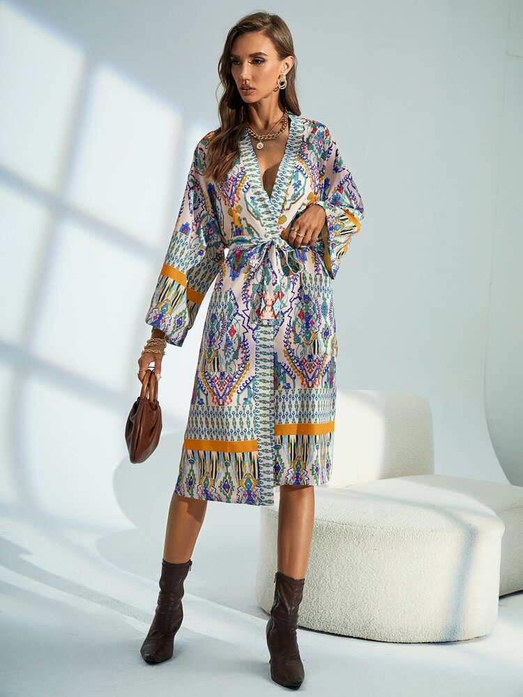 Allover Print Belted Kimono | SHEIN