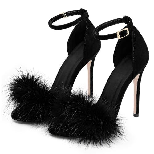 Women's Sexy Heeled Sandals Fluffy Feather Open Toe Stiletto High Heels | Amazon (US)