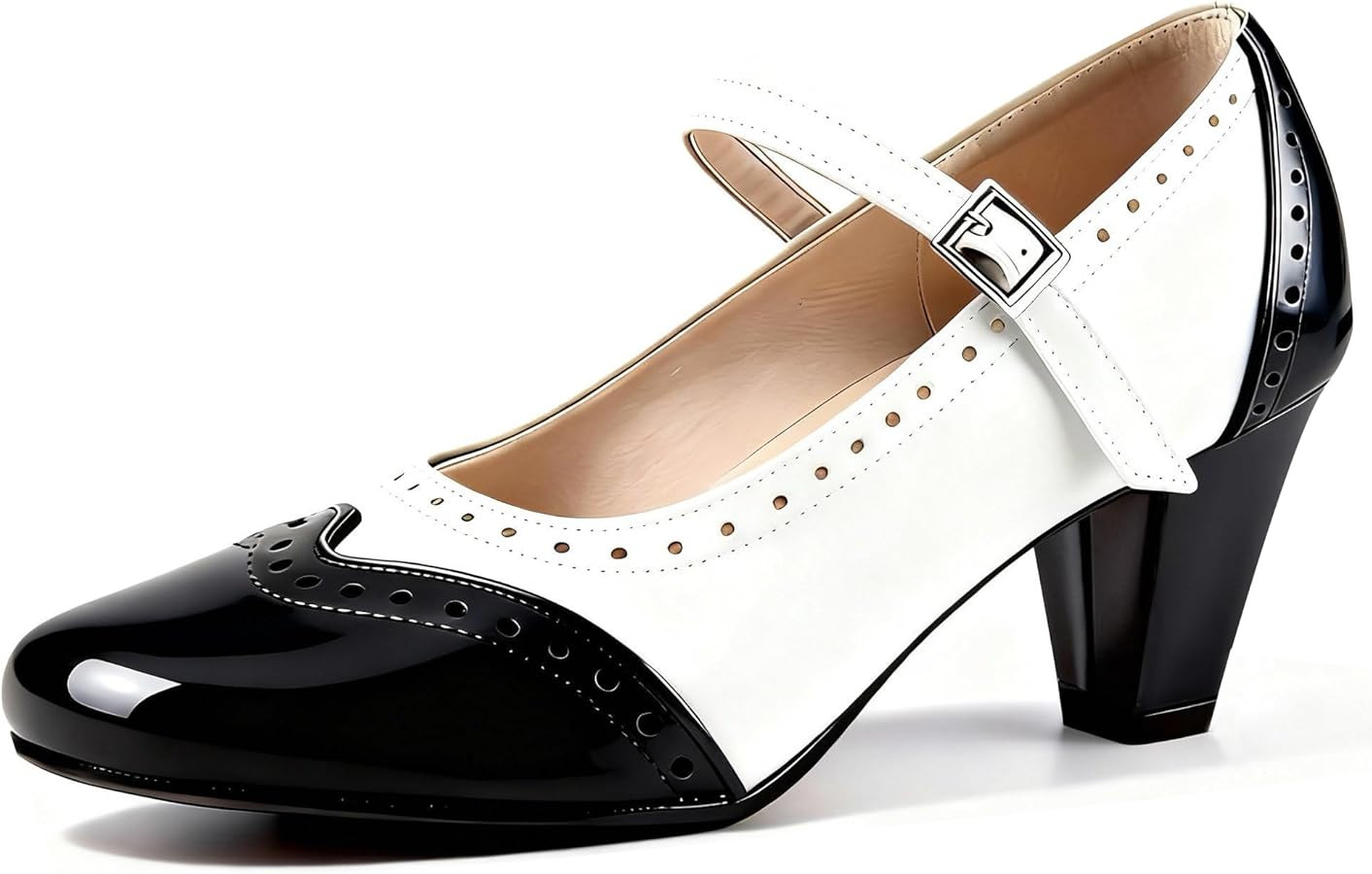 Women's Chunky High Heels 1920s Wingtip Oxfords Retro Pumps Heels 1950s Vintage Black and White T... | Amazon (US)