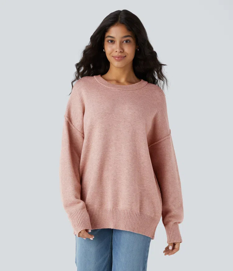 Women’s Round Neck Dropped Shoulder Long Sleeve Casual Sweater - Halara | HALARA