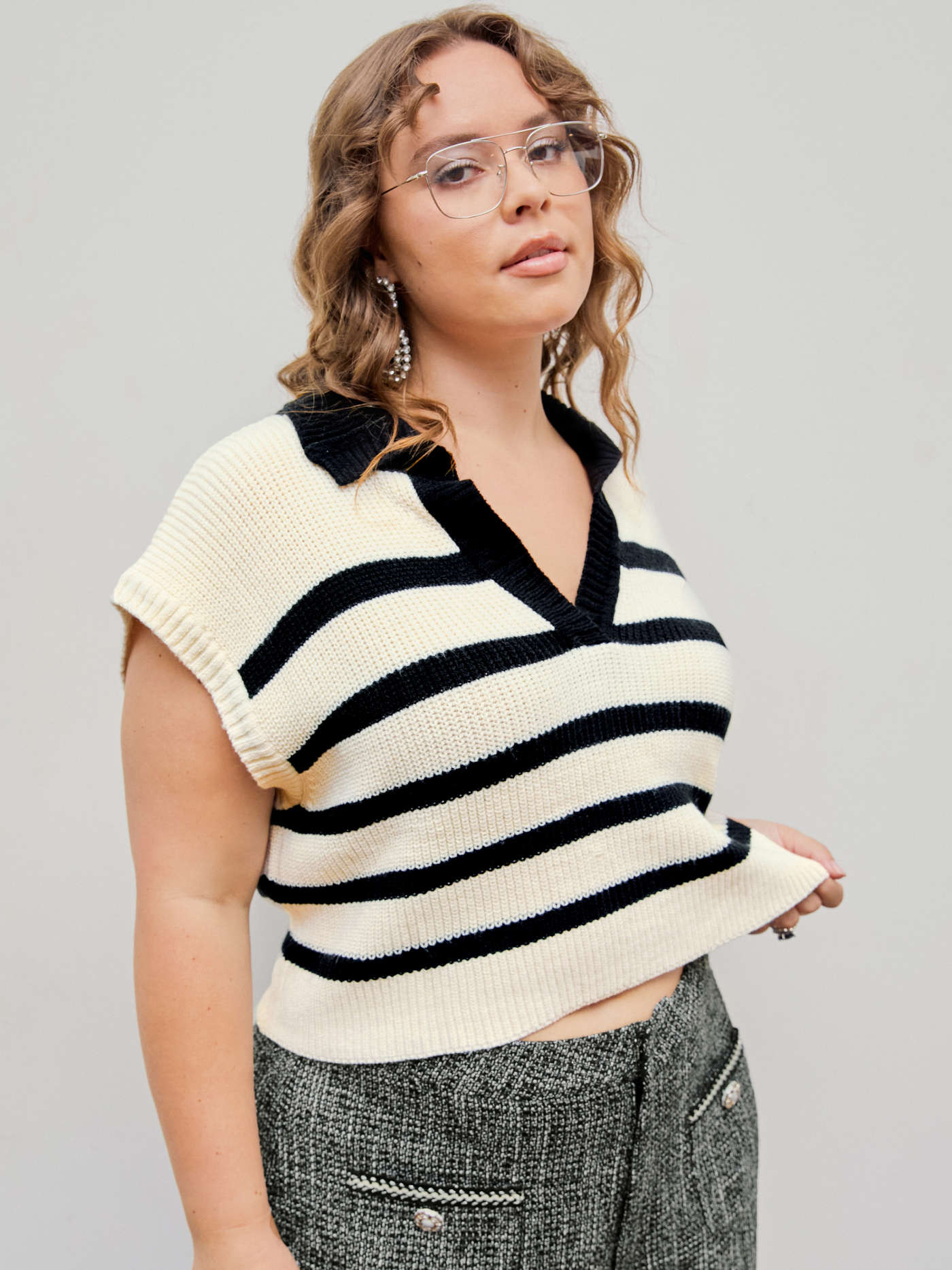 Knit Stripe Polo Vest Curve & Plus For School Daily Casual | Cider