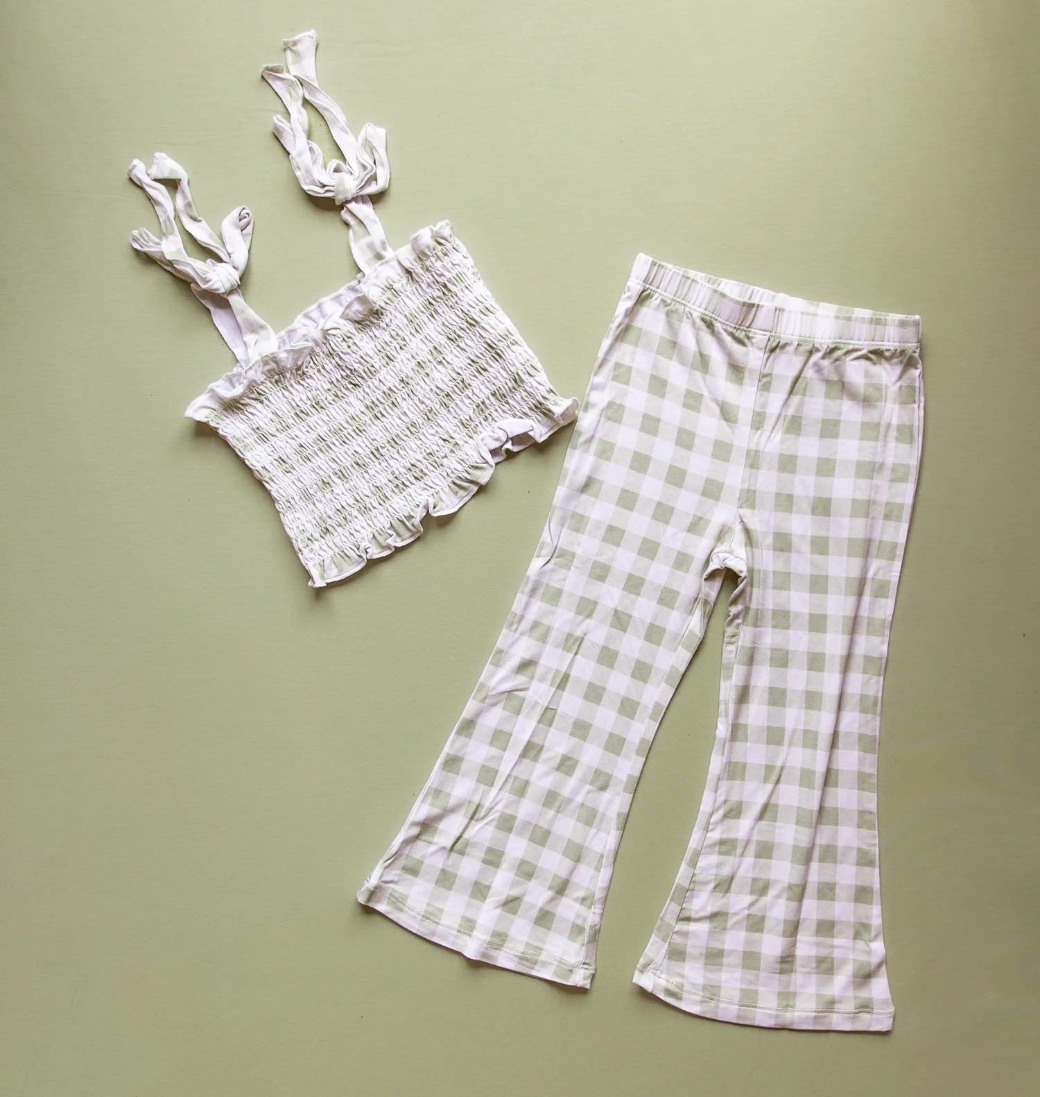 SAGE GINGHAM DREAM SMOCKED FLARE SET | Dream Big Little Co.