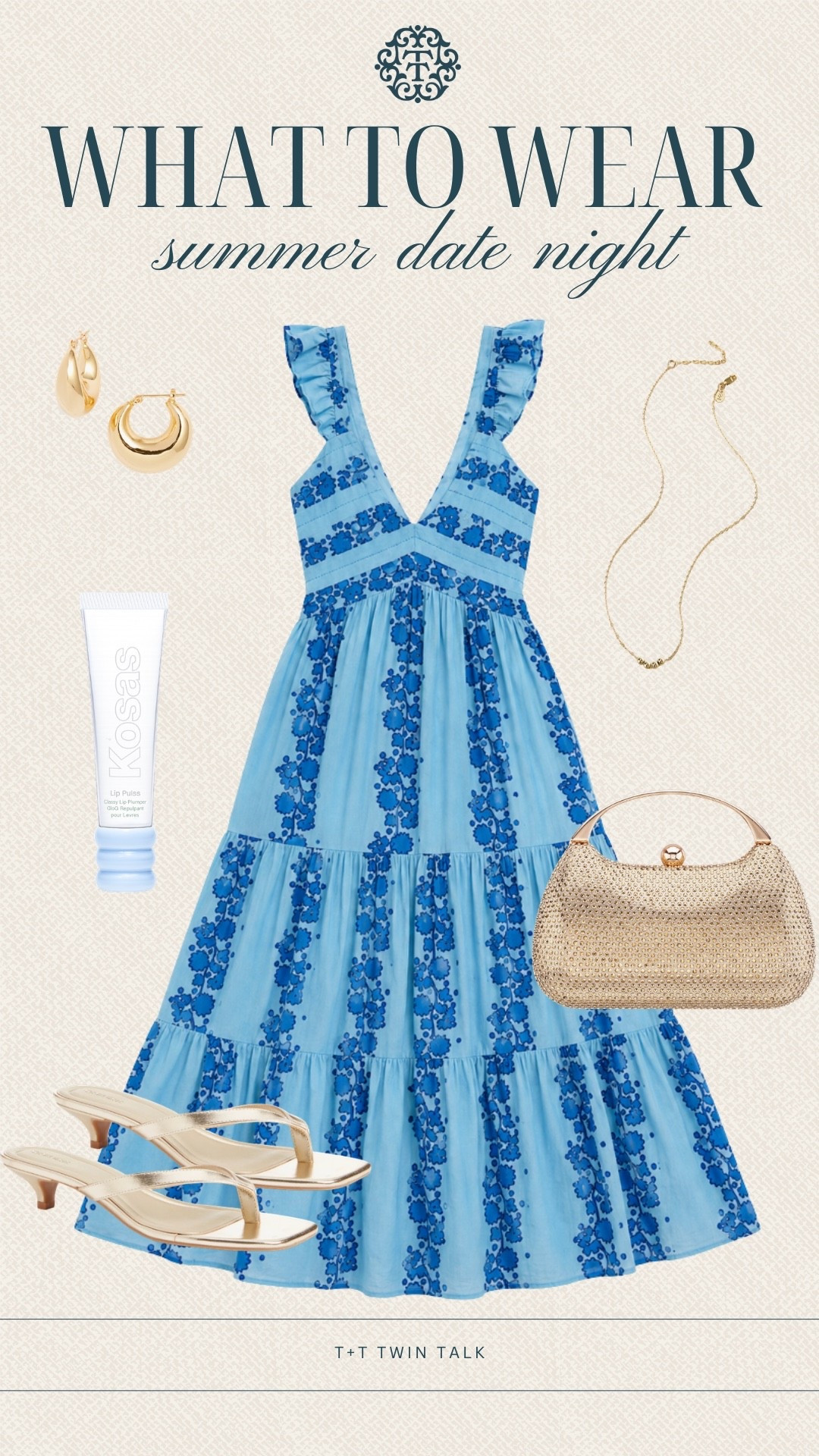 T+T, what to wear! We styled this Social Threads blue printed dress with gold jewelry, woven accessories, neutral heels, and the Kosas lip treatment for the prettiest summer look. This outfit would be perfect for a summer date night, especially somewhere coastal, by the water, or out for dinner on vacation.

#LTKMidsize #LTKOver40 #LTKSeasonal
