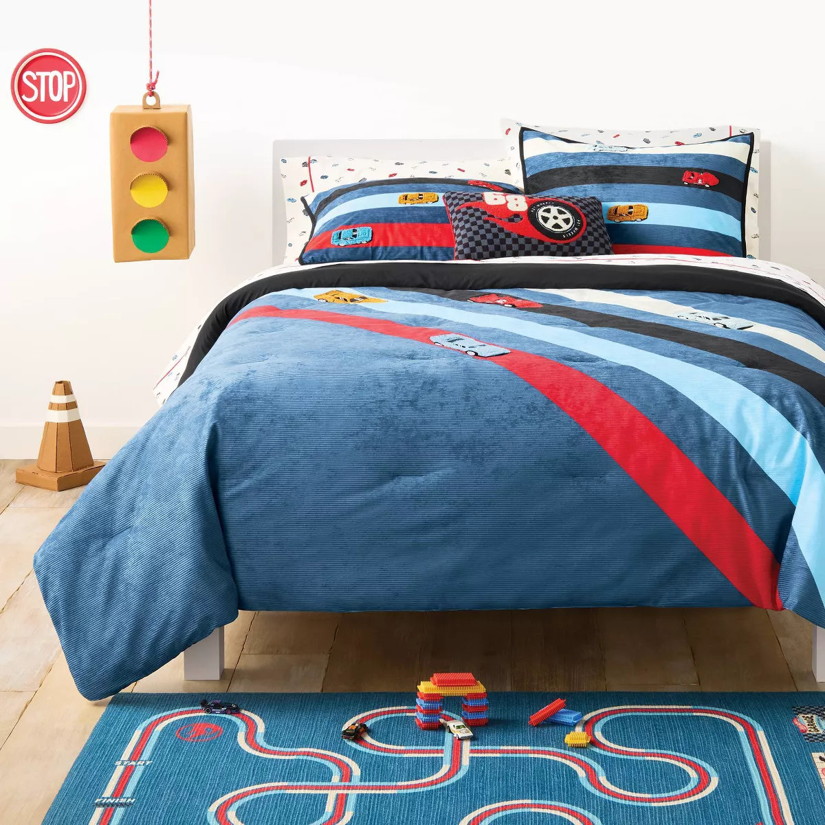 Full/Queen Hot Wheels Classic Track Corduroy Track Kids' Comforter Set Blue - Hot Wheels by Pillo... | Target