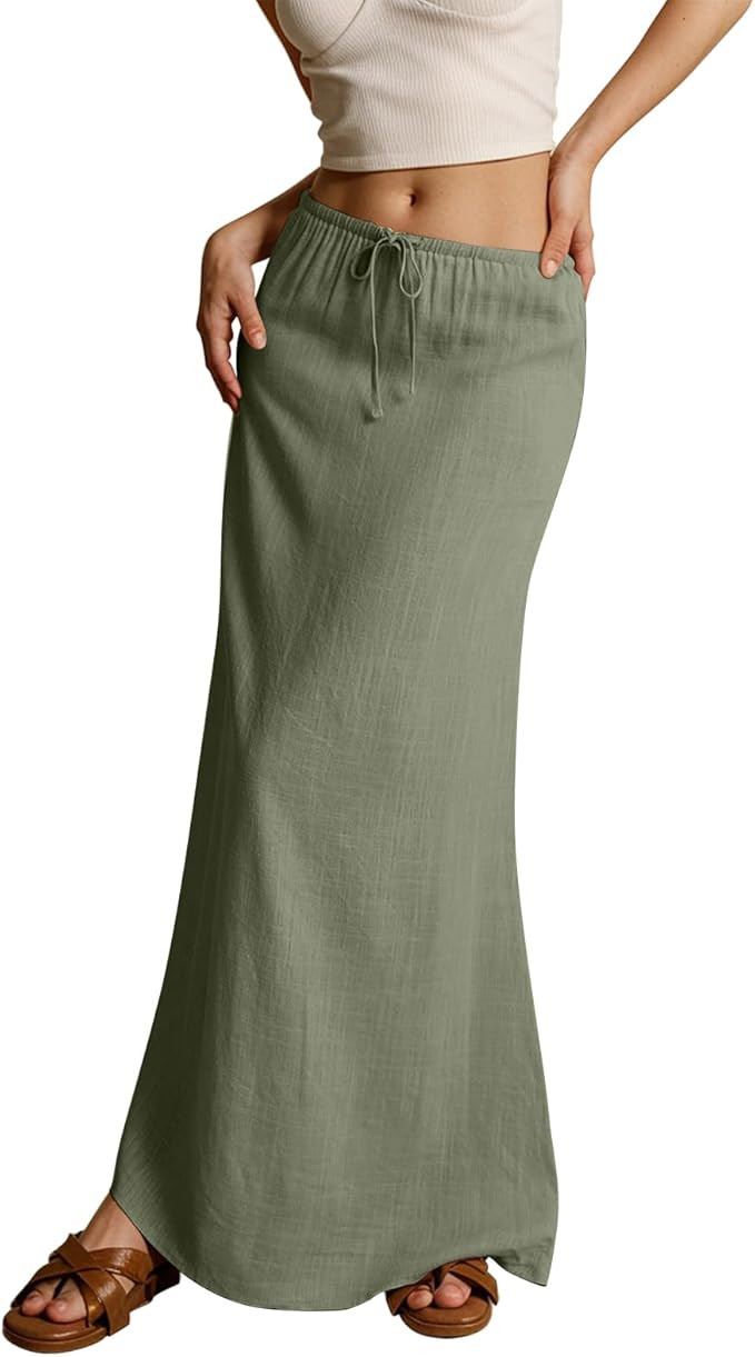 midelxp Linen Maxi Skirts for Women Trendy Summer Comfy Drawstring Waist A Line Skirts Cute Vacat... | Amazon (US)