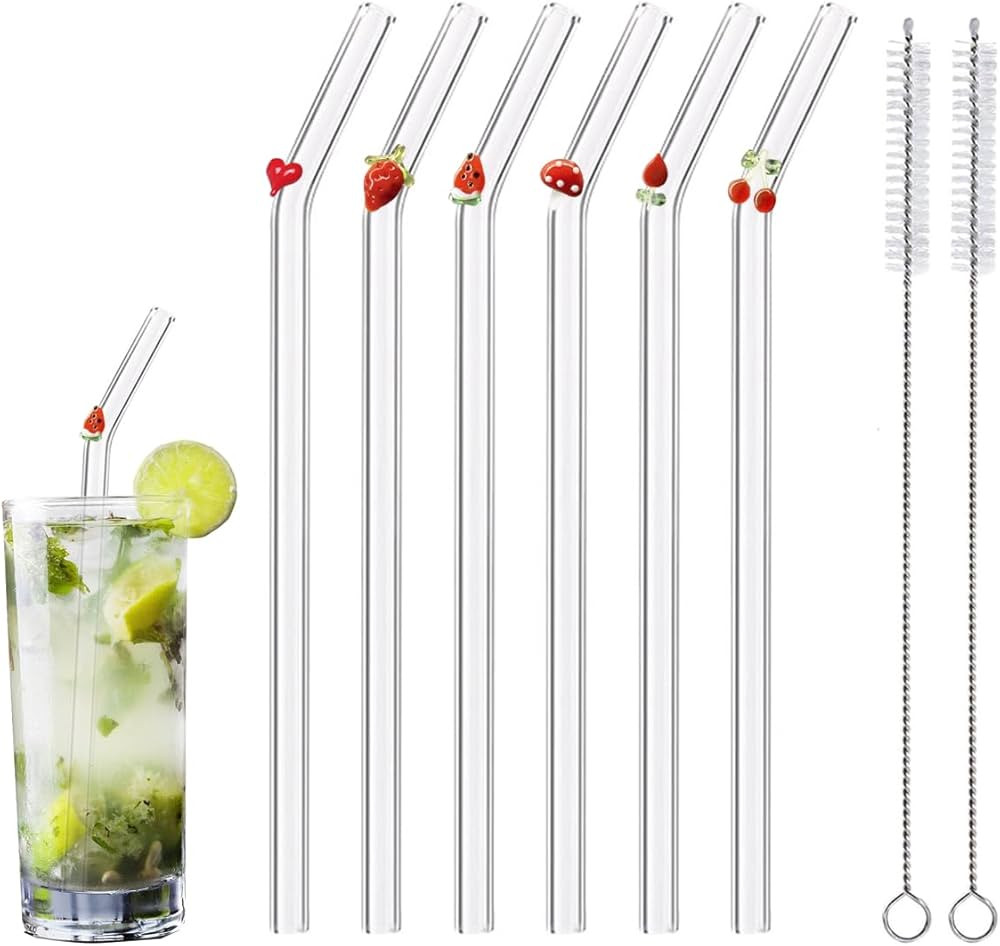 Reusable Glass Straws - 8" x 8 MM, Set of 6, Clear Glass Drinking Straws for Beverages (Red, Norm... | Amazon (US)