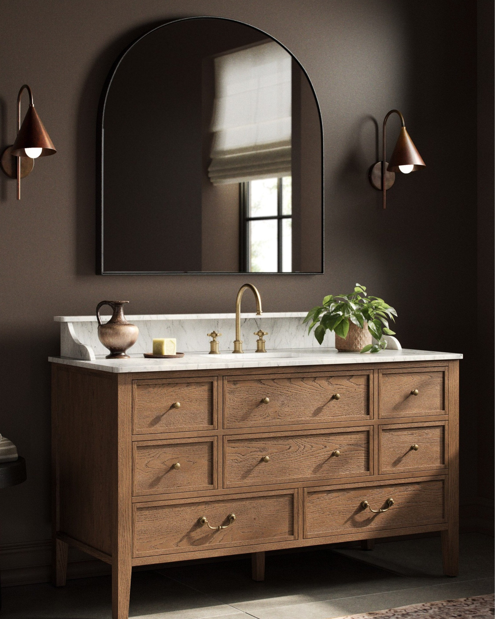 Four Hands brings their exceptional craftsmanship to a timeless collection rooted in Amber Lewis' perennial California style. The Elliston vanity features a worn oak base topped with Italian Carrara marble for a look that balances heritage detail with modern utility. With a rectangular sink, plenty of storage, and a moisture-resistant sealant, this piece brings refined character to a full bath or powder room.

#LTKHome