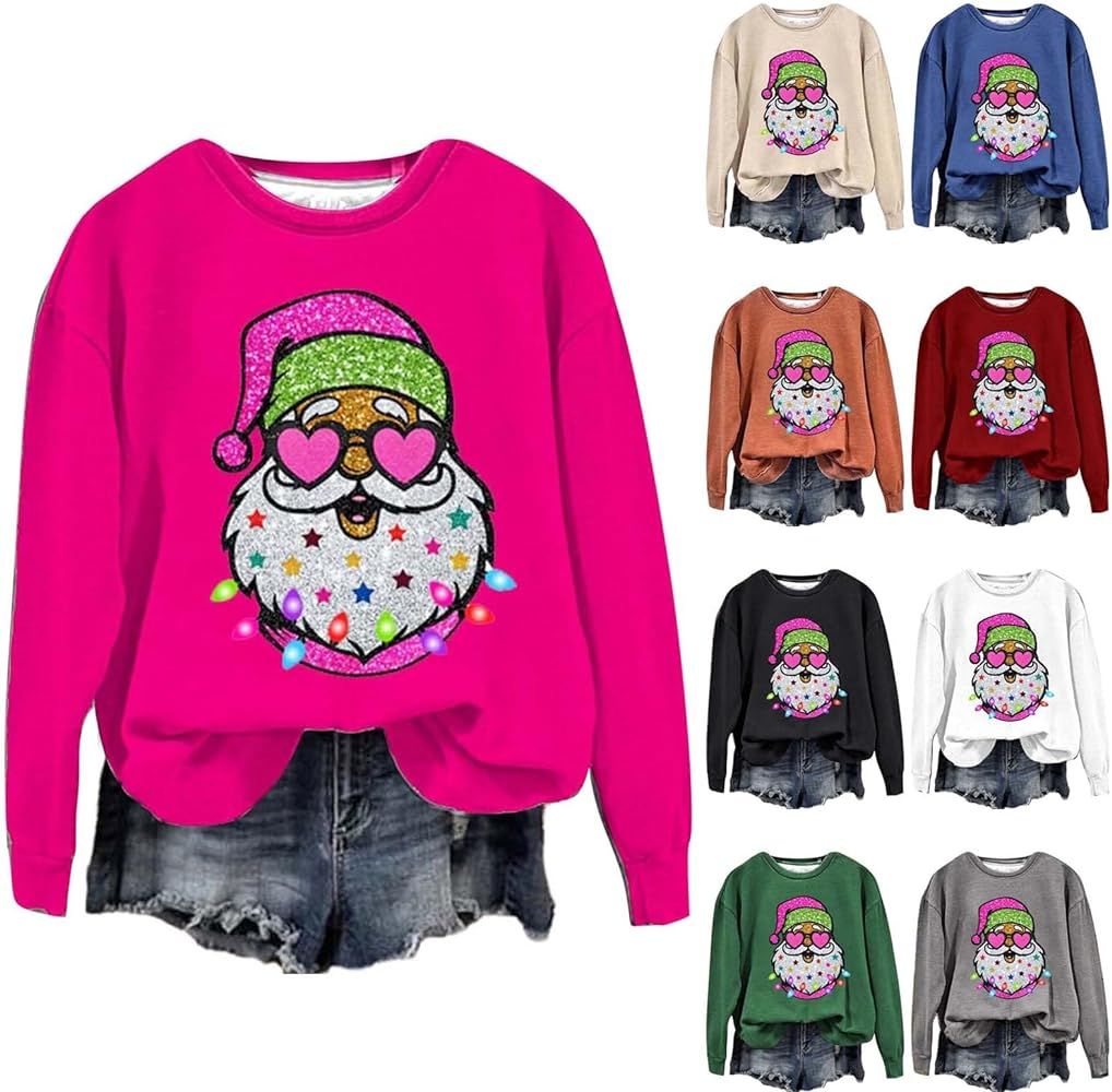 Funny Christmas Shirts For Women Xmas Tree Print Cute Santa Graphic Pullover Tops Oversized Crewn... | Amazon (US)