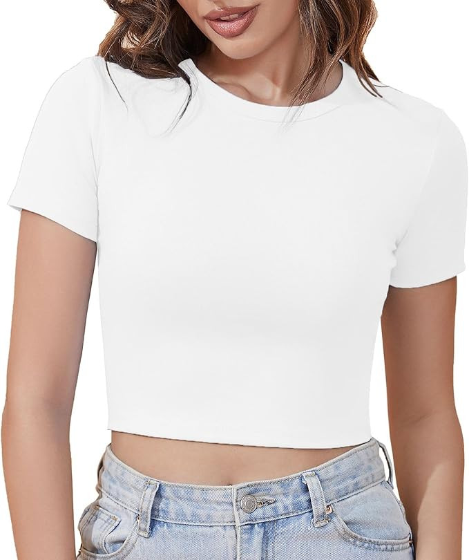 Short Sleeve Crop Tops for Women Trendy Cotton Slim fitted Tees Basic Tshirts Tight Cropped T Shi... | Amazon (US)