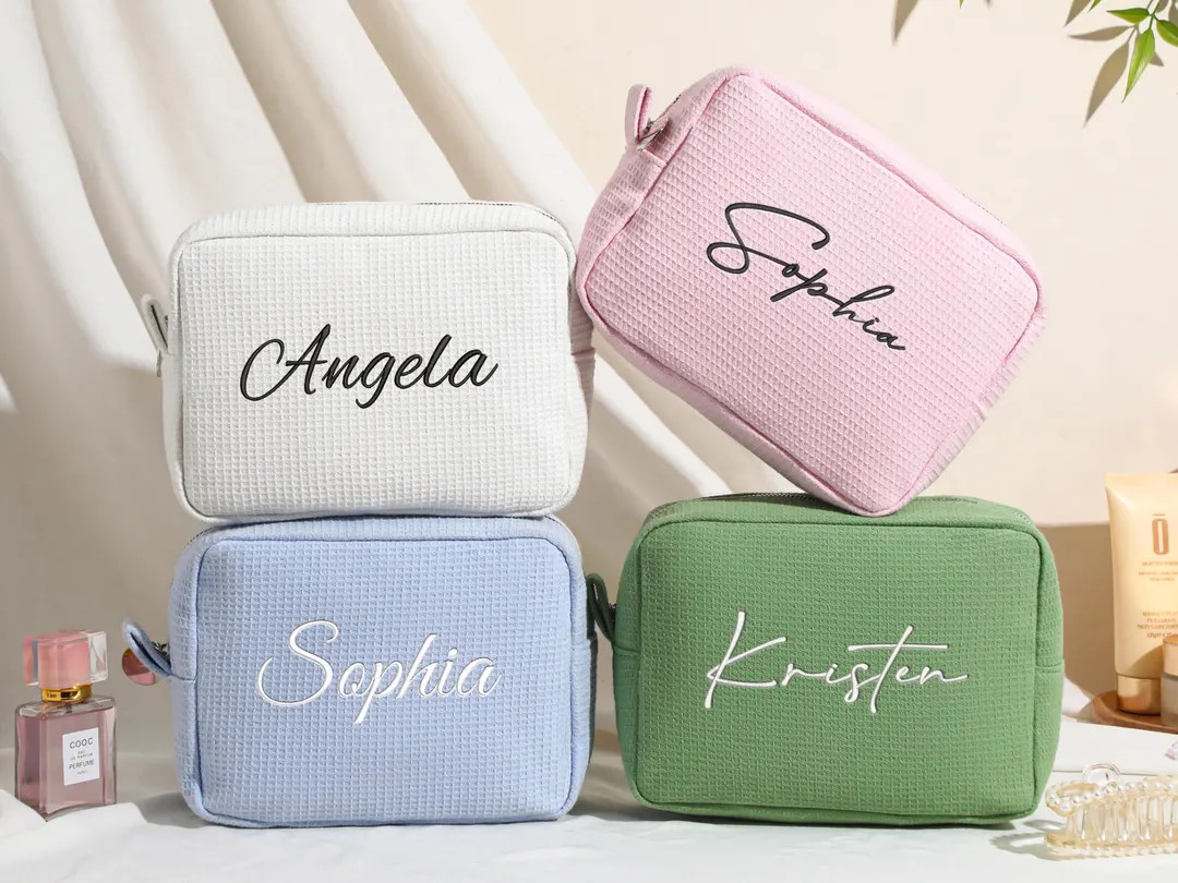 Personalized Waffle Makeup Bag, Embroidered Cosmetic Bag, Custom Makeup Pouch, Travel Bag with Na... | Etsy (US)