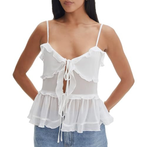 Women Tie Front Ruffle Tank Top Spaghetti Strap Y2k Flowy Mesh Peplum Cami Shirt Summer Cute Going Out Tops (White, L) | Amazon (US)