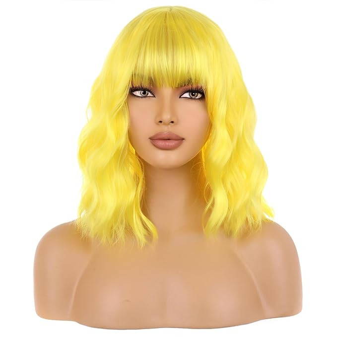 Short Yellow Bob Wig with Bangs for Women Bright Yellow Curly Wavy Hair Wigs Heat Resistant Synth... | Amazon (US)