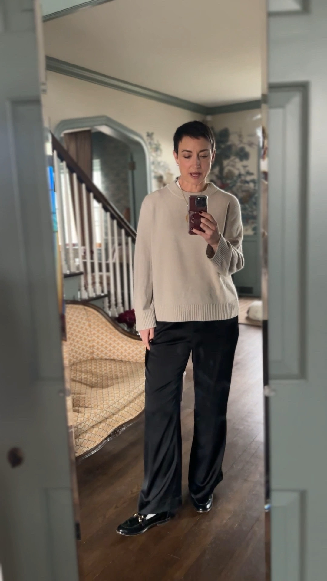 Winter/spring uniform… love these silk/satin pants and a cashmere sweater! 

#LTKootd #LTKOver40