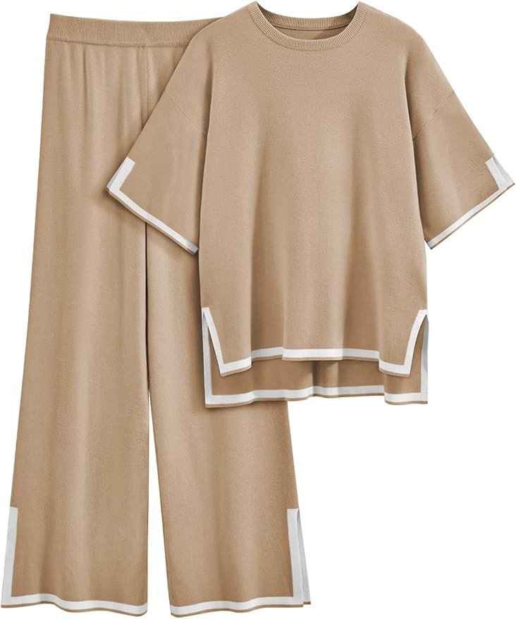 LILLUSORY 2 Piece Lounge Women's Short Sleeve Knit Top Wide Leg Pants | Amazon (US)
