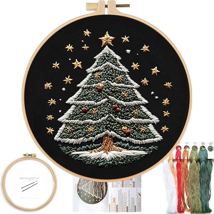 FONNUY Christmas Embroidery Kit for Beginners, Cross Stitch Set Winter Snow House Scene Pine Owl ... | Amazon (US)