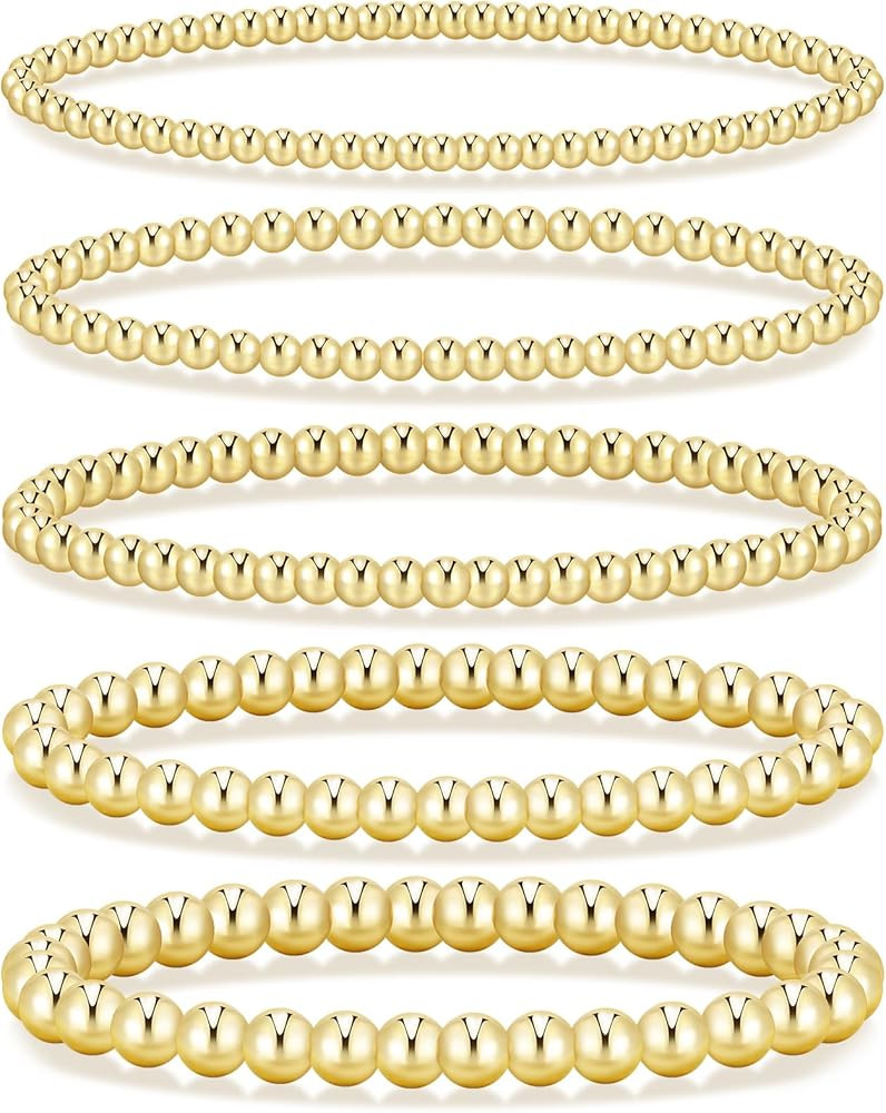 Gold Beaded Bracelets for Women, 5 Pcs Dainty 14K Gold Plated Chunky Stretch Bead Ball Bracelet S... | Amazon (US)