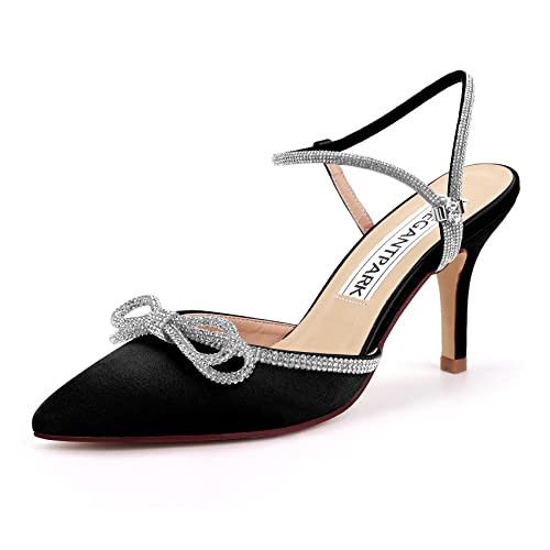 ELEGANTPARK HC2301 Black Heels for Women Pointed Toe Sexy Strappy Heels Rhinestones Bow Slingback High Heel Pumps Satin Wedding Evening Prom Dress Shoes US 7 | Amazon (US)