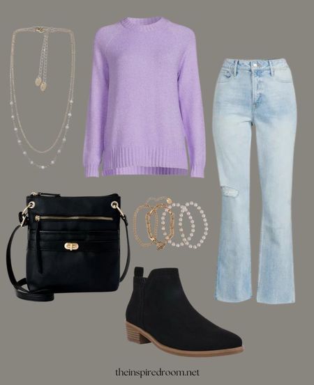 Cute cozy outfit from @walmartfashion #ad Purple sweater, super high waisted jeans, black ankle boots, bracelets, black purse, bracelet set

See these looks and more today on theinspiredroom.net

#LTKGiftGuide #LTKHoliday #LTKstyletip