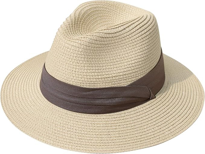 Lanzom Women Wide Brim Straw Panama Roll up Hat Fedora Beach Sun Hat UPF50+ | Amazon (US)
