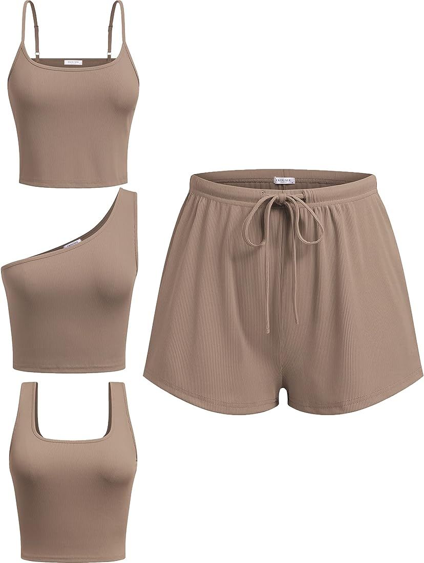 Ekouaer 4 Piece Outfits Crop Tank Top Elastic Waist Shorts Pajama Set Casual Lounge Sets for Dail... | Amazon (US)