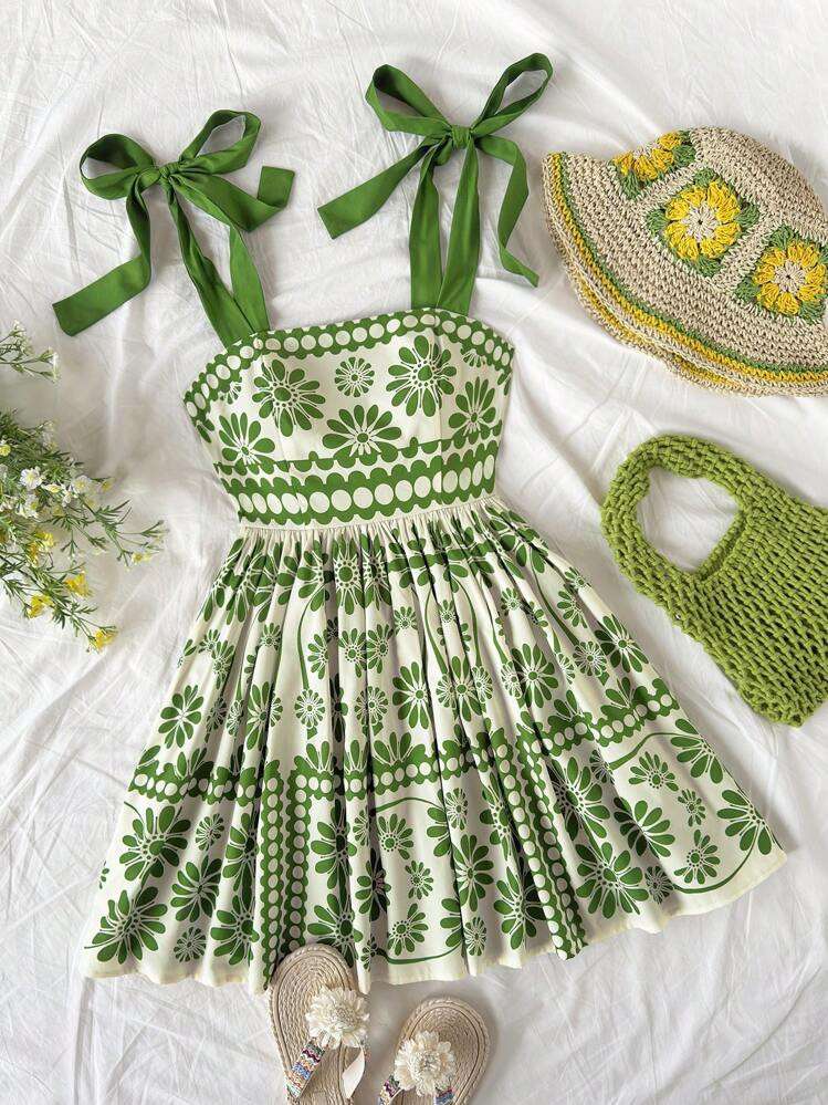 Soleia Women's Tie Shoulder Bowknot A-Line Mini Dress, Retro Green Geometric Pattern, Casual Summer | SHEIN