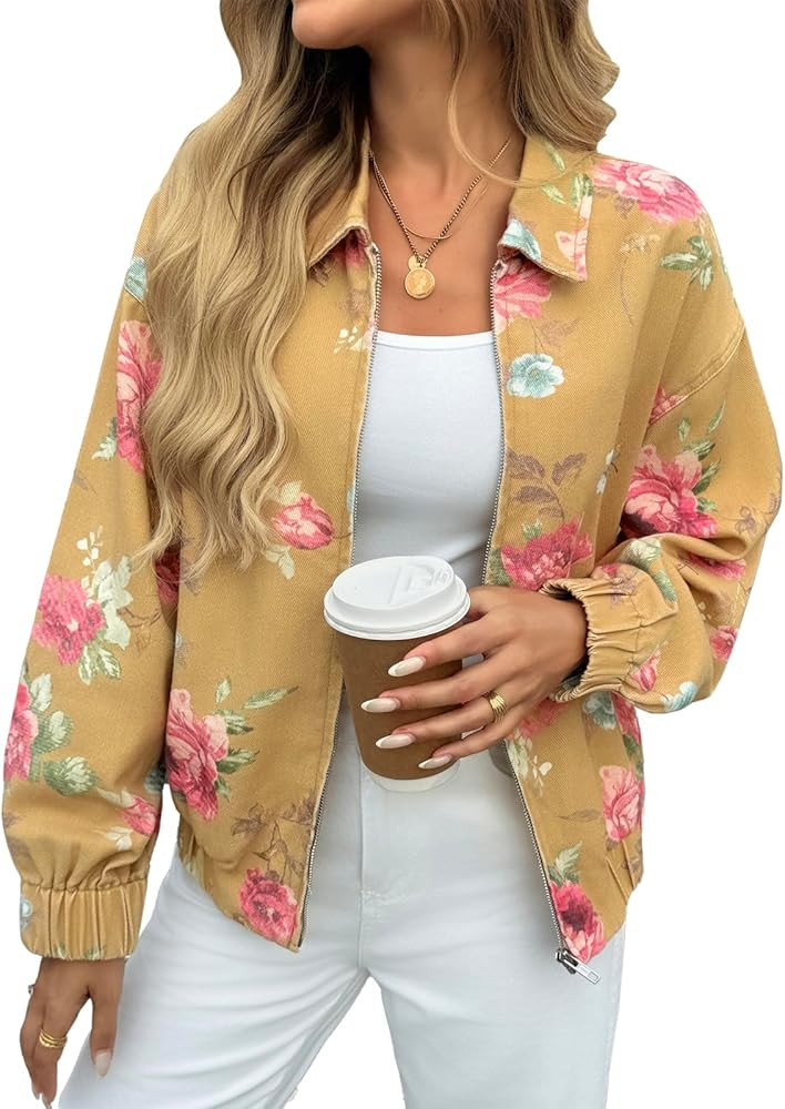 Cicy Bell Womens Floral Zip Up Bomber Jackets Cropped Long Sleeve Denim Coats Trendy Casual Colla... | Amazon (US)