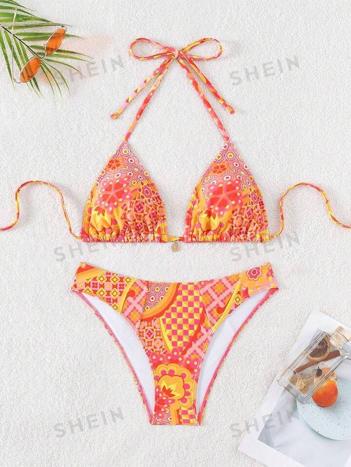 Women's Geometric Pattern Halter Neck Bikini Swimsuit Set (Random Print) | SHEIN