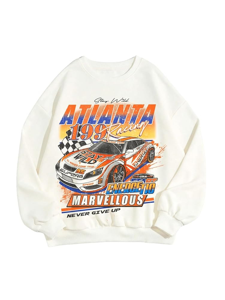WDIRARA Women's Car Graphic Sweatshirt Crewneck Long Sleeve Pullover Oversized Top | Amazon (US)