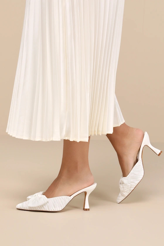 Bettanie White Satin Textured Bow High Heel Mules | Lulus