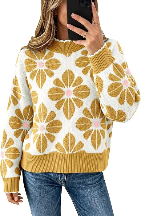 Saodimallsu Womens Mock Neck Floral Sweaters Fall Knit Pullover Tops | Amazon (US)