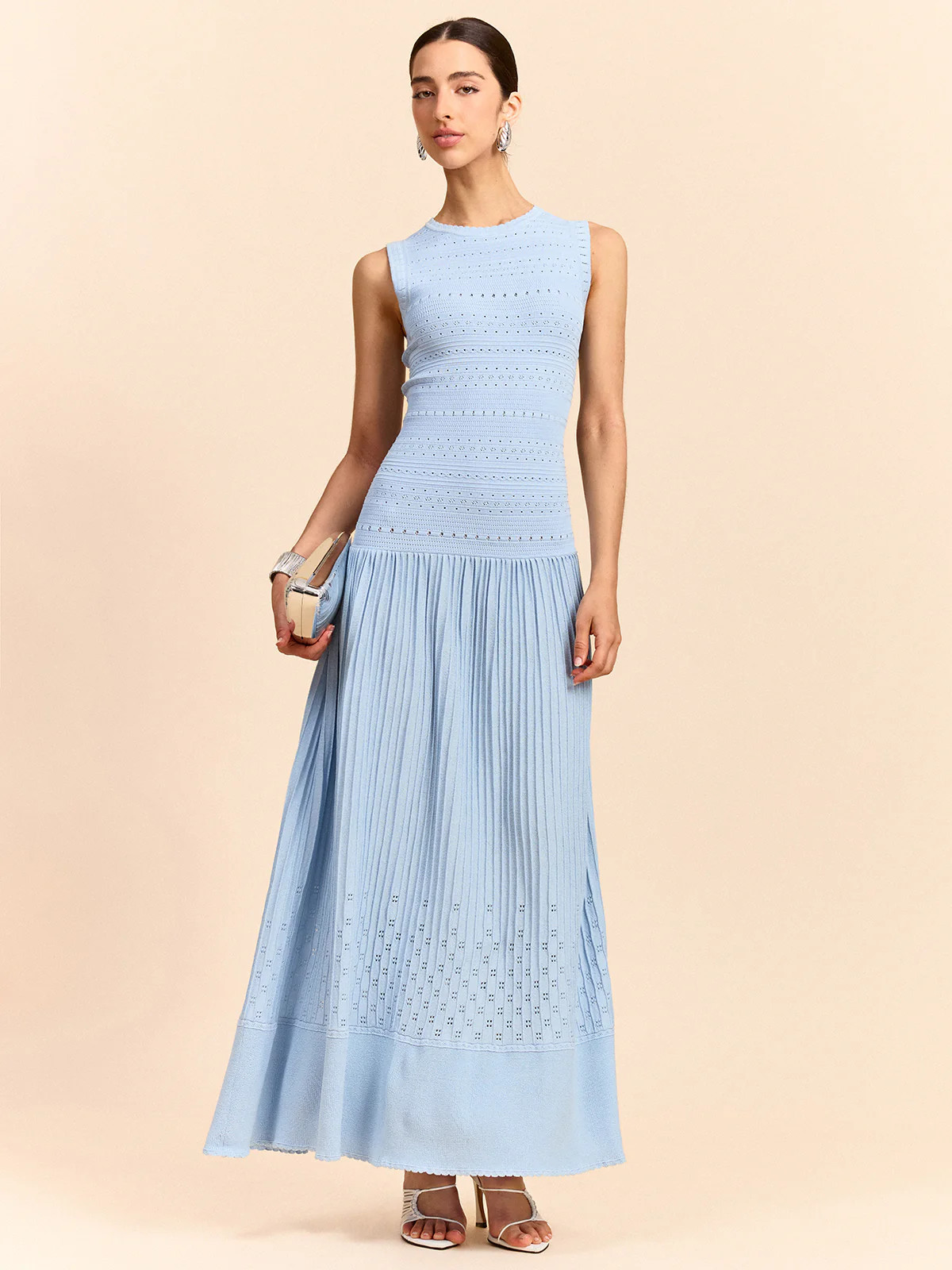 Sleeveless Knit Eyelet Pleated Maxi Dress | Commense