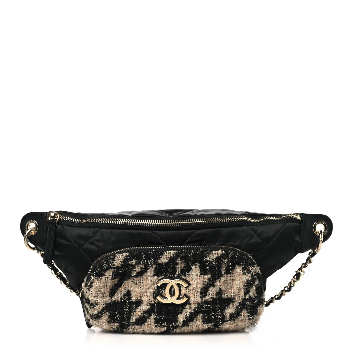 Nylon Tweed Quilted Banane Waist Bag Fanny Pack Black Beige | FASHIONPHILE (US)