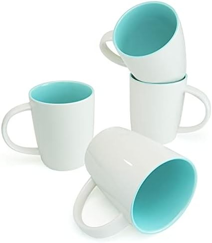 ELPACAS Cream White Turquoise Porcelain Mug Sets of 4 - 15 Ounce Teal Aqua Coffee Mug for Milk, Tea, | Amazon (US)