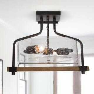 Drum 2-Light Modern Rustic Black Semi-Flush Mount Ceiling Light Seeded Clear Glass Shade and Distressed Wood Accents | The Home Depot