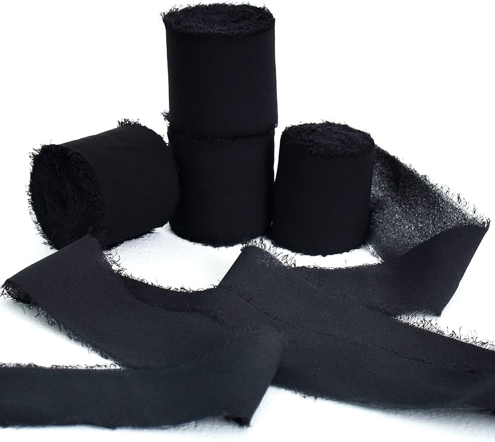 TONIFUL 4 Rolls 1-1/2 Inch Black Chiffon Silk Ribbon 22yds Handmade Fringe Chiffon Ribbons Set fo... | Amazon (US)