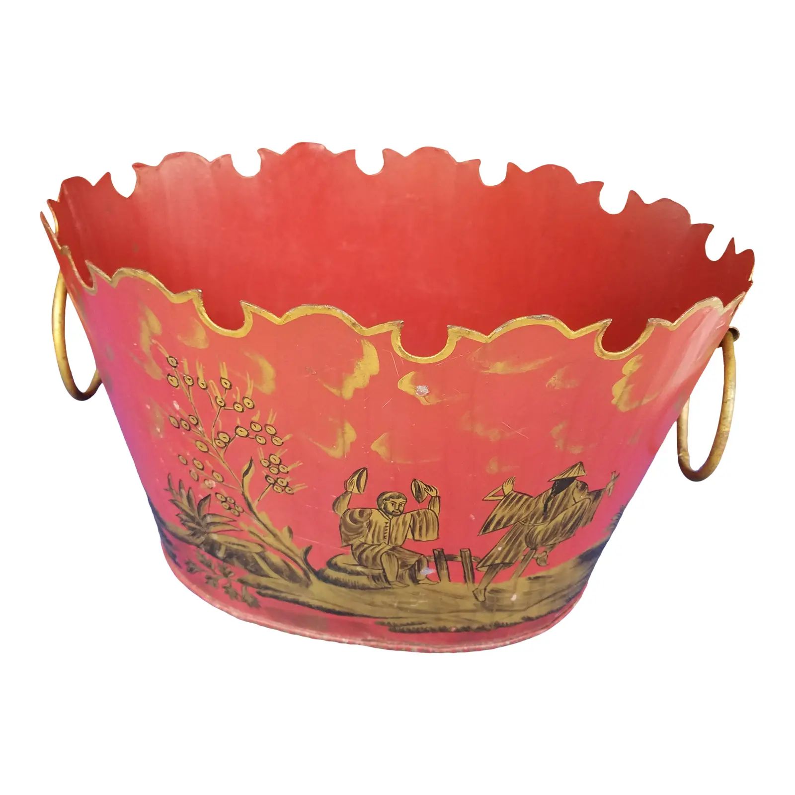 Mid 20th Century Red Chinoiserie Decorated Oval Tole Cachepot | Chairish