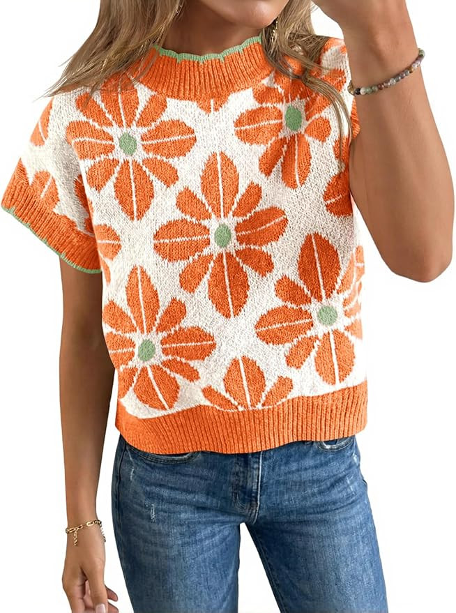 Saodimallsu Womens Floral Sweater Tops Short Sleeve Vintage Crew Neck Loose Knit Summer Pullover ... | Amazon (US)