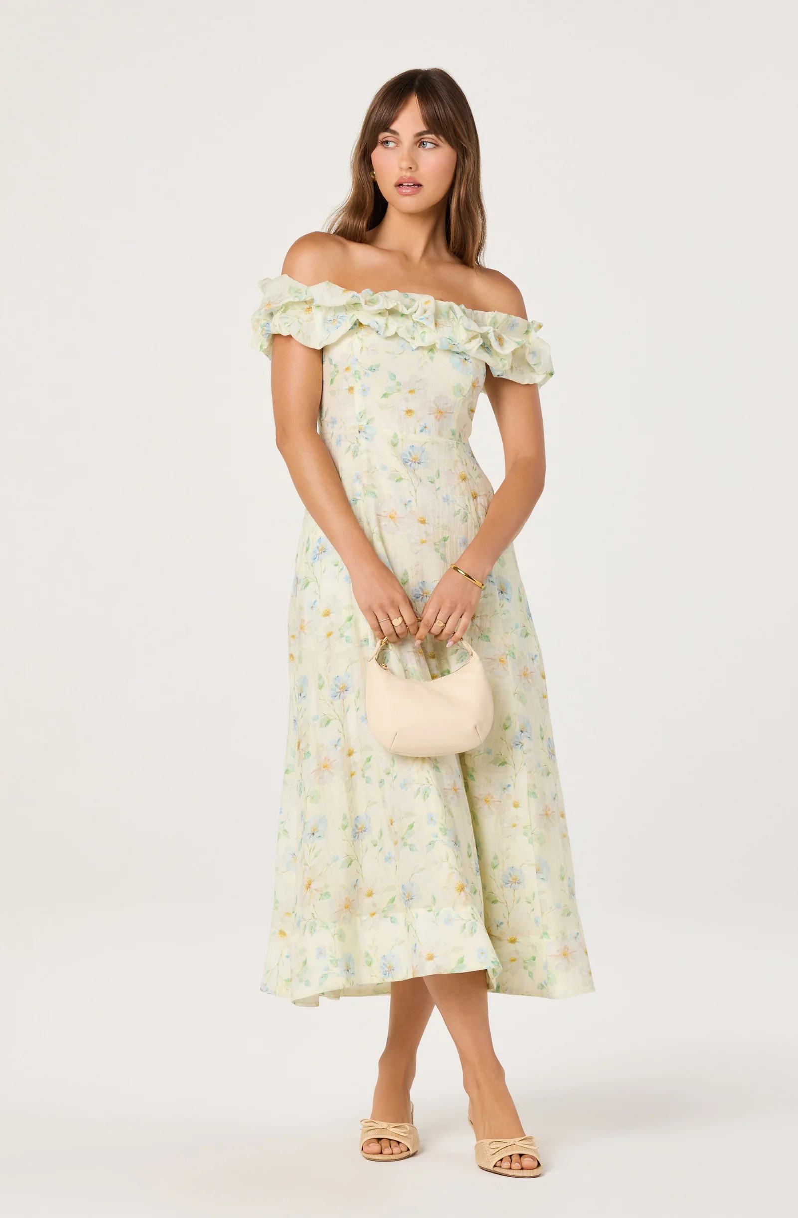 Alannah Off-Shoulder Floral Midi Dress - Pale yellow floral / XS | ASTR The Label (US)